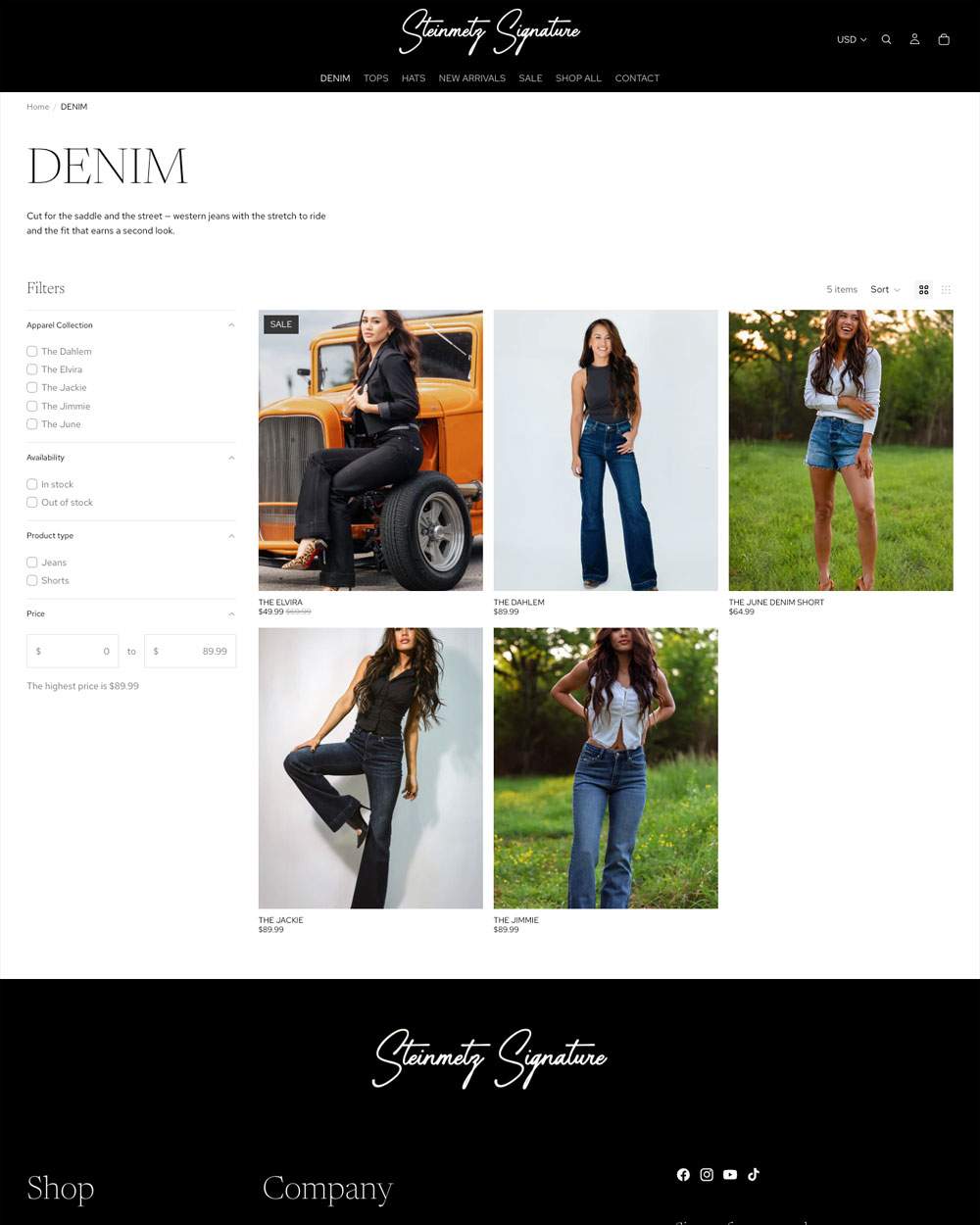 Steinmetz Co. — western jeans product page with size and fit guide